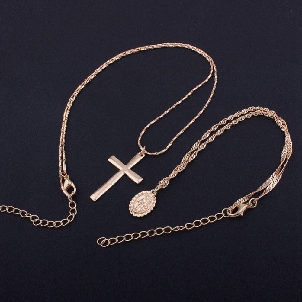 Miraculous Medal Religious Cross Gold Alloy Necklace Set - 2 Piece - Picture 8 of 8